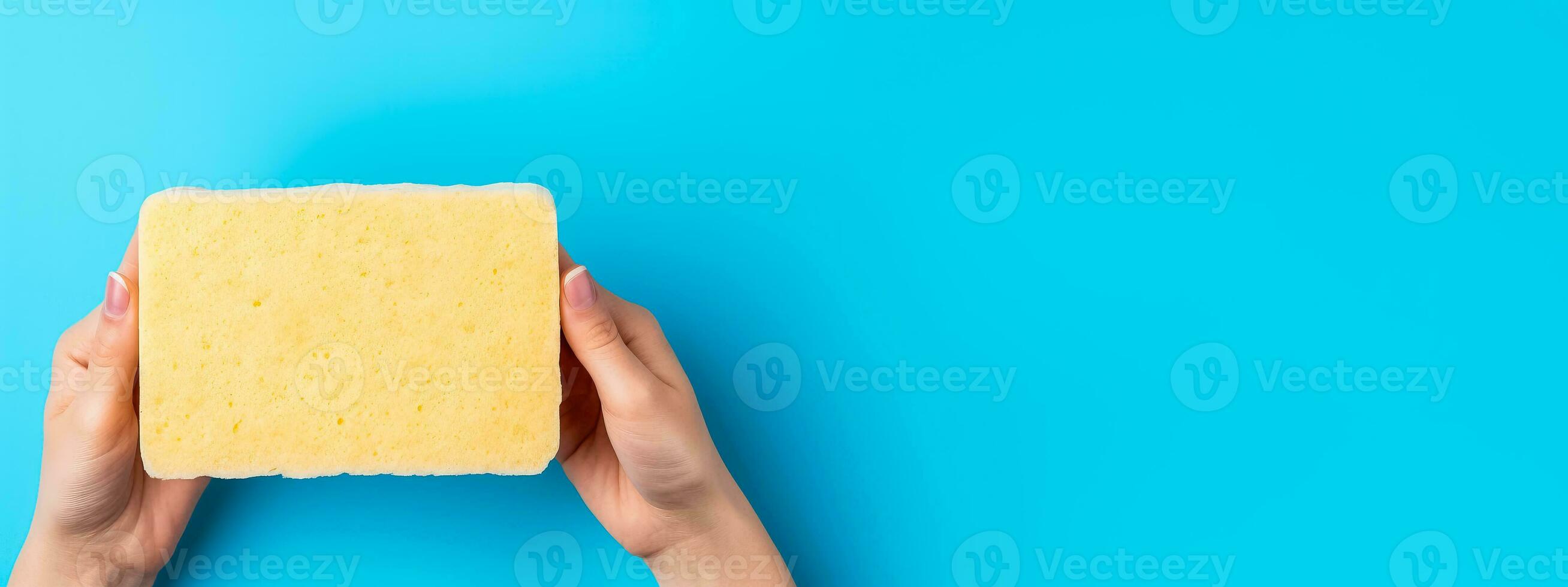 Hand holding washing sponge with foam isolated on blue background with a place for text photo