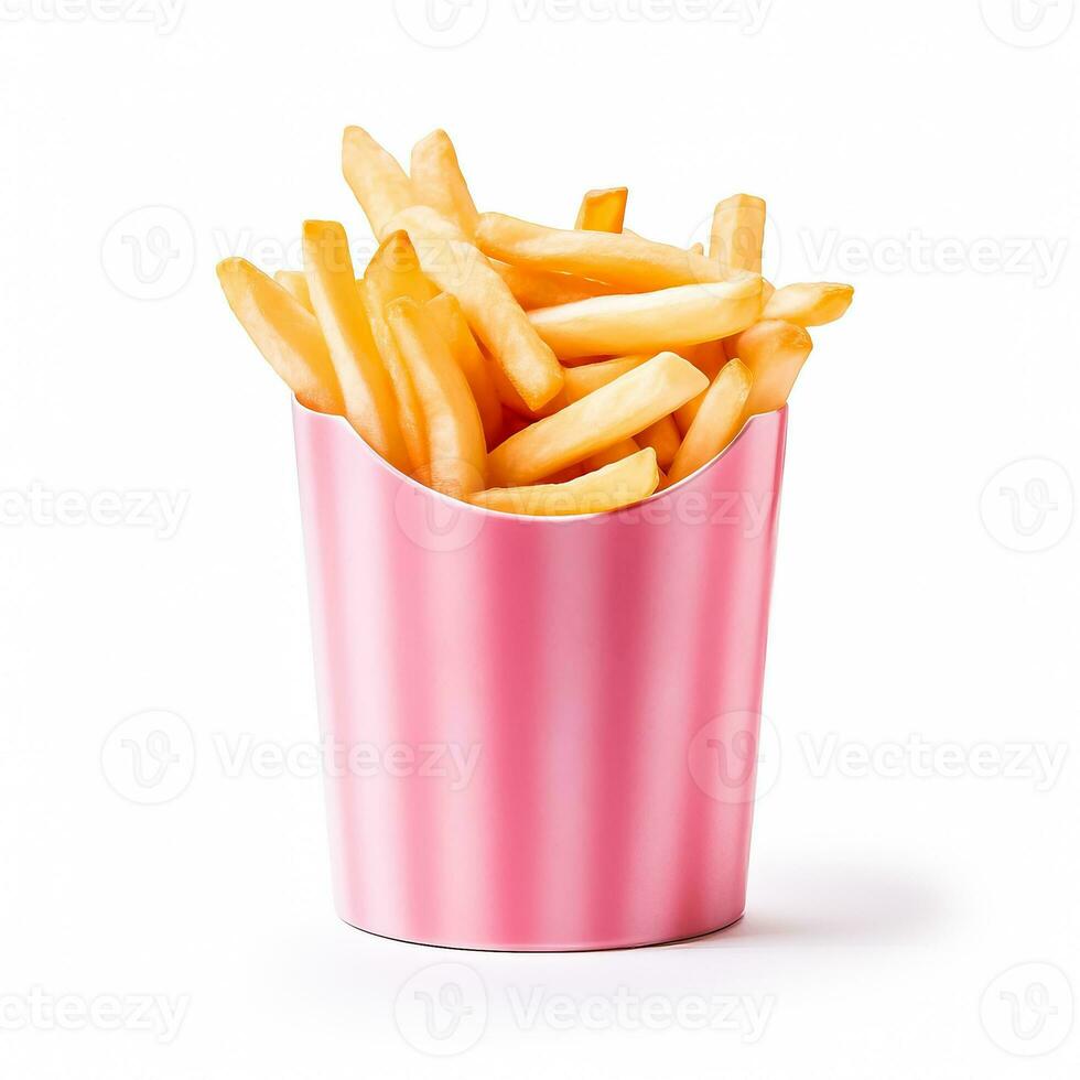 French fries in a special fast food pink box isolated on white background photo