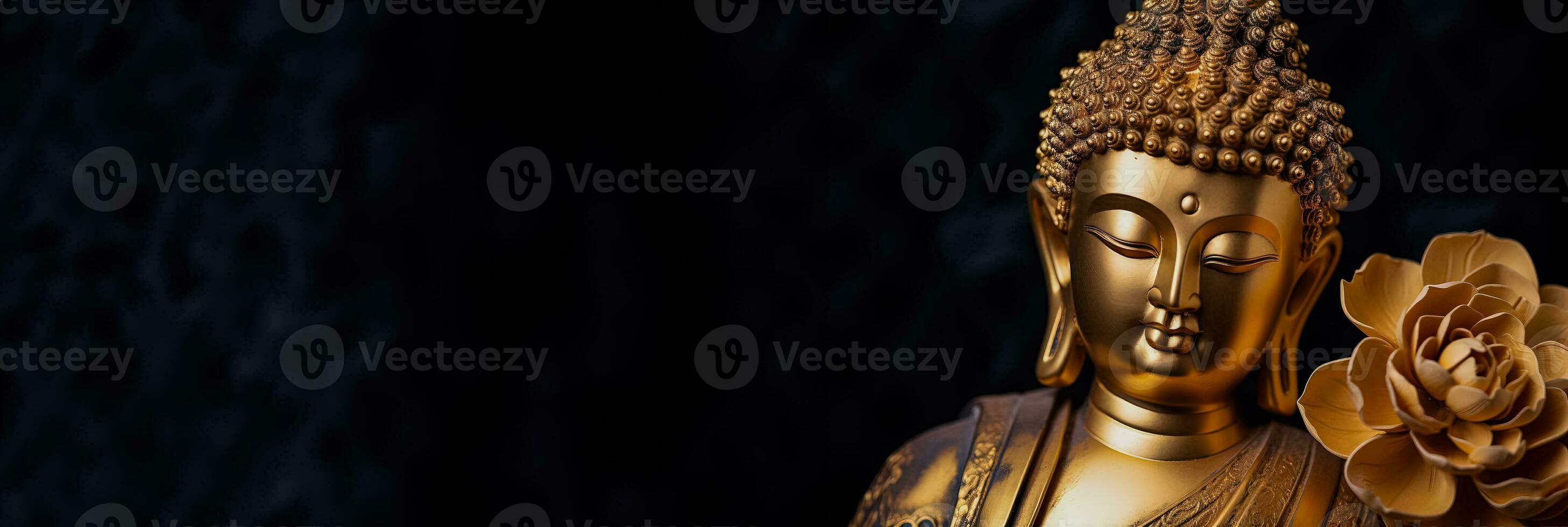 Detail to face of golden metal Tathagata Buddha statue photo