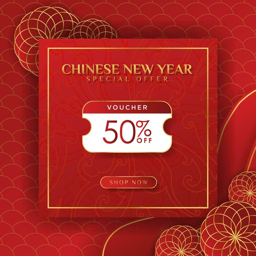 Chinese New Year 50 Discount Voucher Poster with oriental pattern design elements on red gradient background, shop now CTA button. Vector Illustration. EPS 10