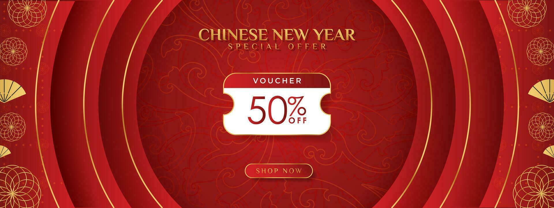 Chinese New Year 50 Discount Voucher Banner with oriental pattern design elements on red gradient background, shop now CTA button. Vector Illustration. EPS 10