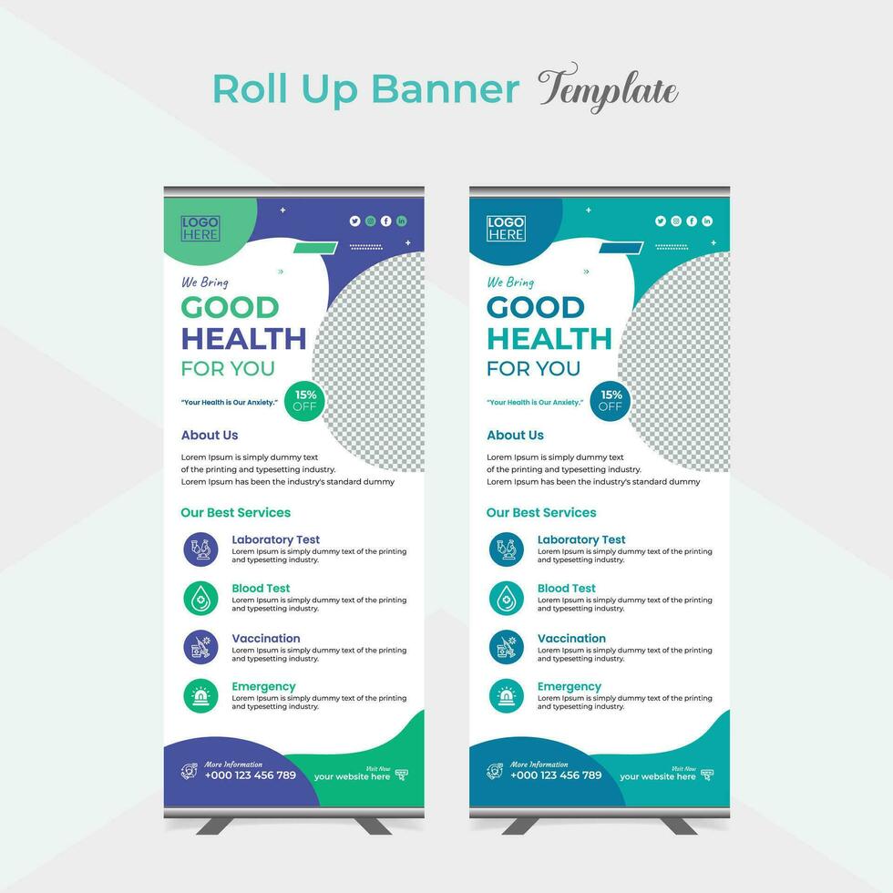 Medical care and healthcare roll up stand banner template design vector