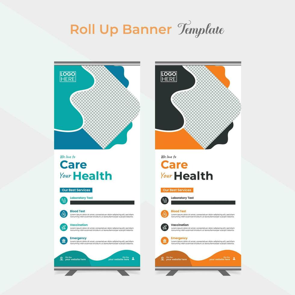 Medical care and healthcare roll up stand banner template design vector