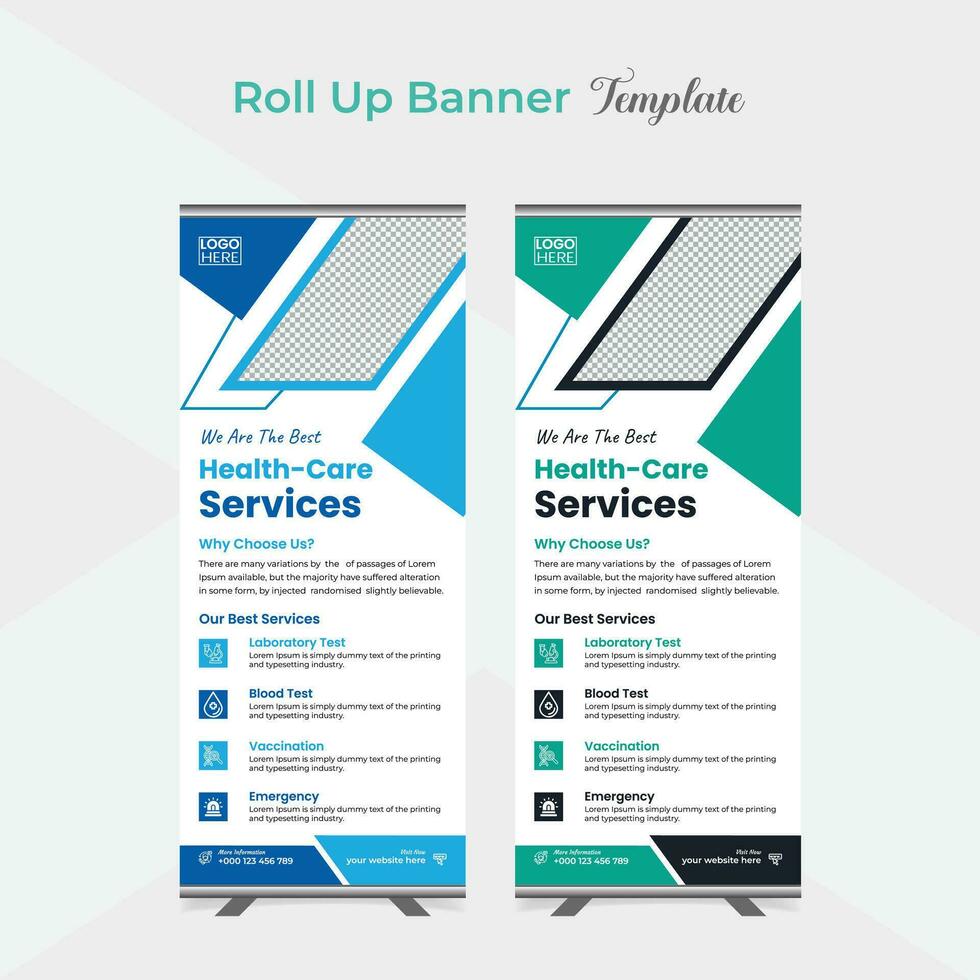 Medical care and healthcare roll up stand banner template design vector