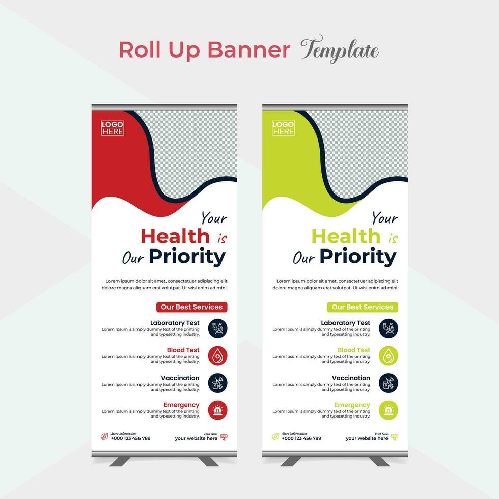 Medical care and healthcare roll up stand banner template design vector