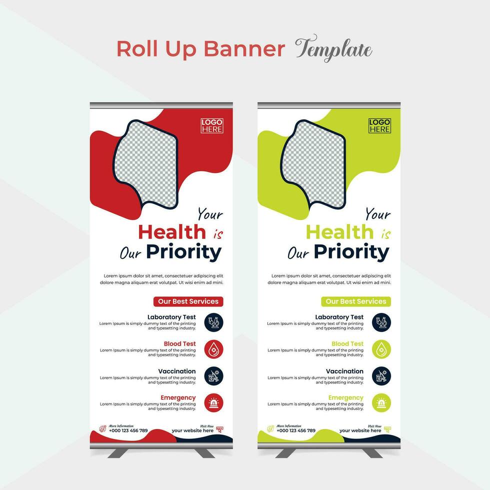 Medical care and healthcare roll up stand banner template design vector