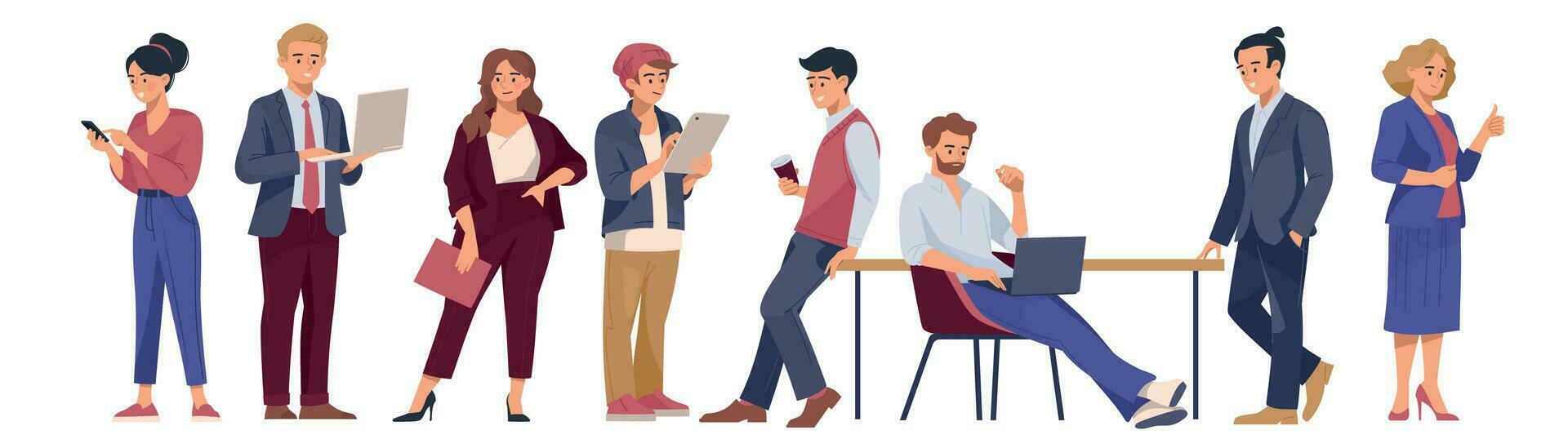 People at work. Business people. Men and women in business suits. Set of images of people for business design. Solving work issues. office life. Vector image.
