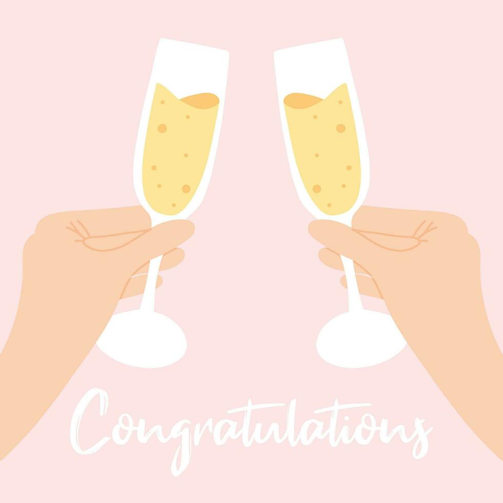 Postcard with a glass of champagne in hand. Greeting card congratulations with champagne for the new year, wedding, birthday. vector