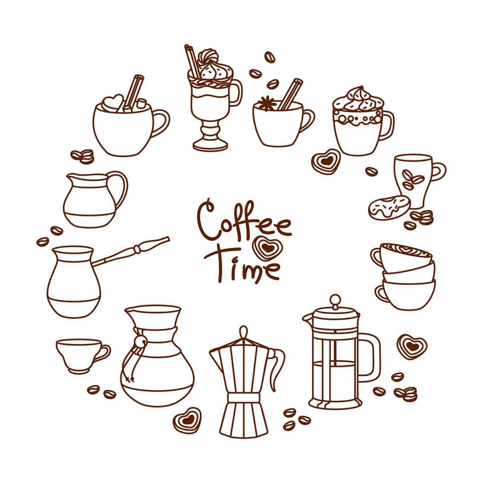 Various types of coffee preparation. Coffee pots and cups. Outline icons set. Vector. vector