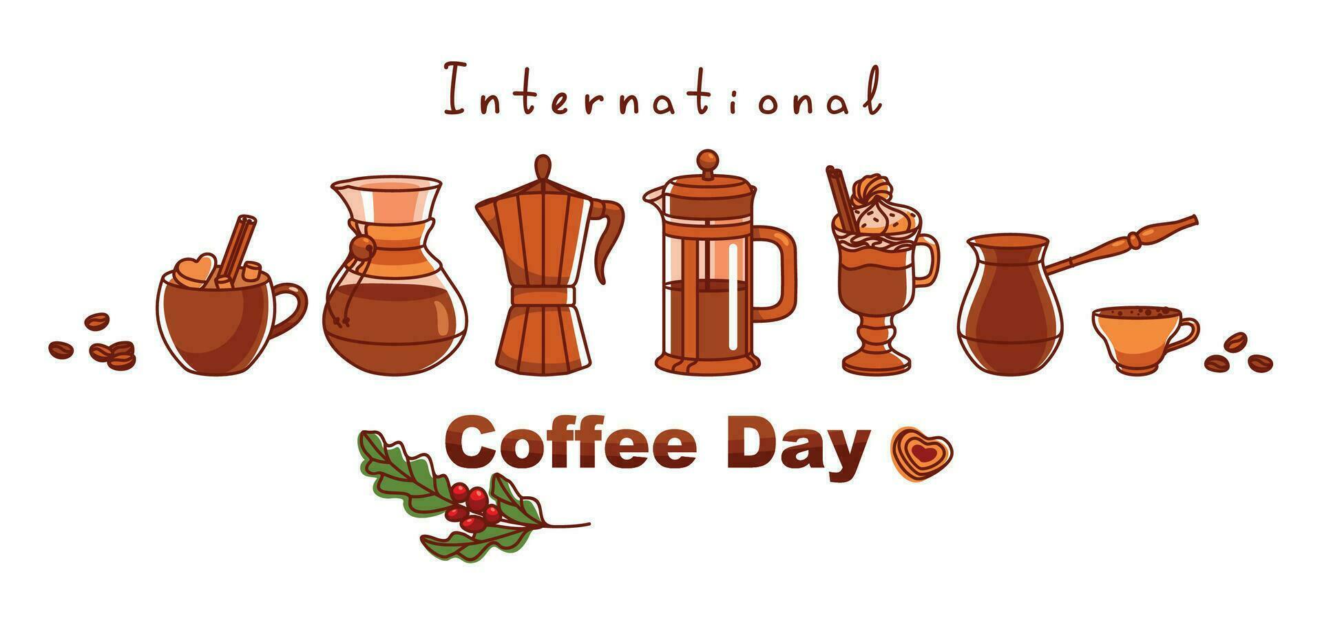 internacional café día bandera. café rama, café maceta y taza de caliente café. vector