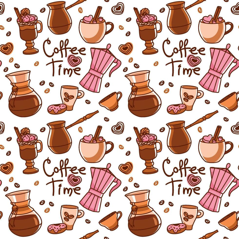 Coffee pot, cezve and different types of coffee. Seamless pattern. Vector