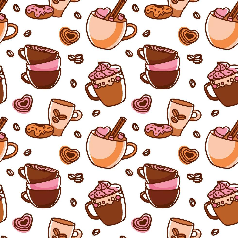 Various types of coffee in different cups. Seamless pattern. Vector