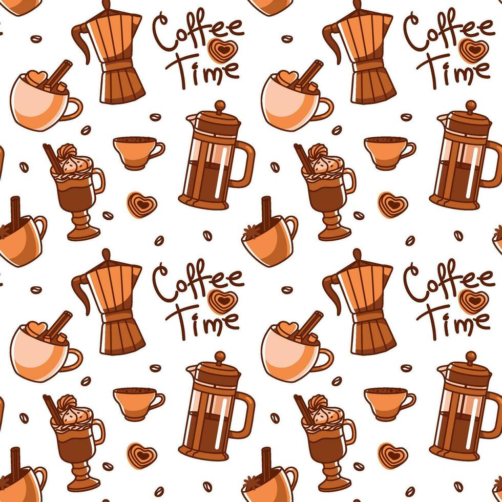 Coffee pot and different types of coffee. Seamless pattern. Vector