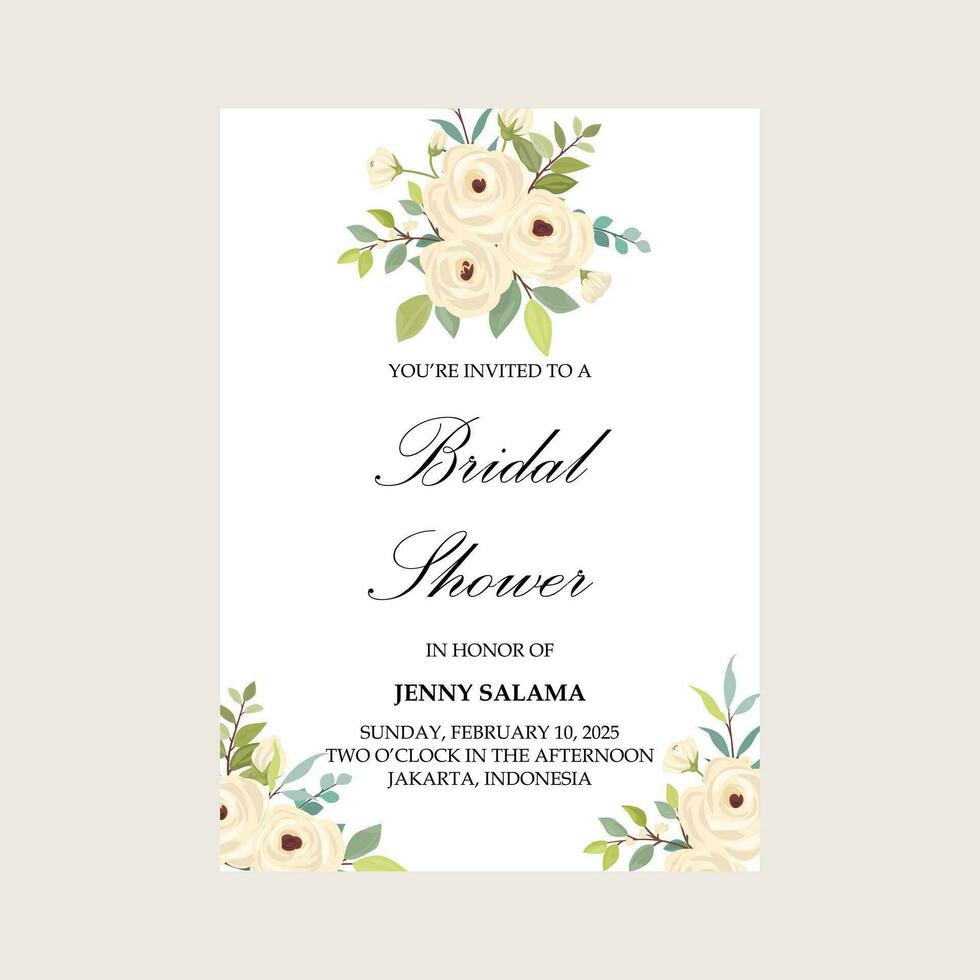 bridal shower invitations, white rose flower decorations, wedding invitations, greeting cards vector