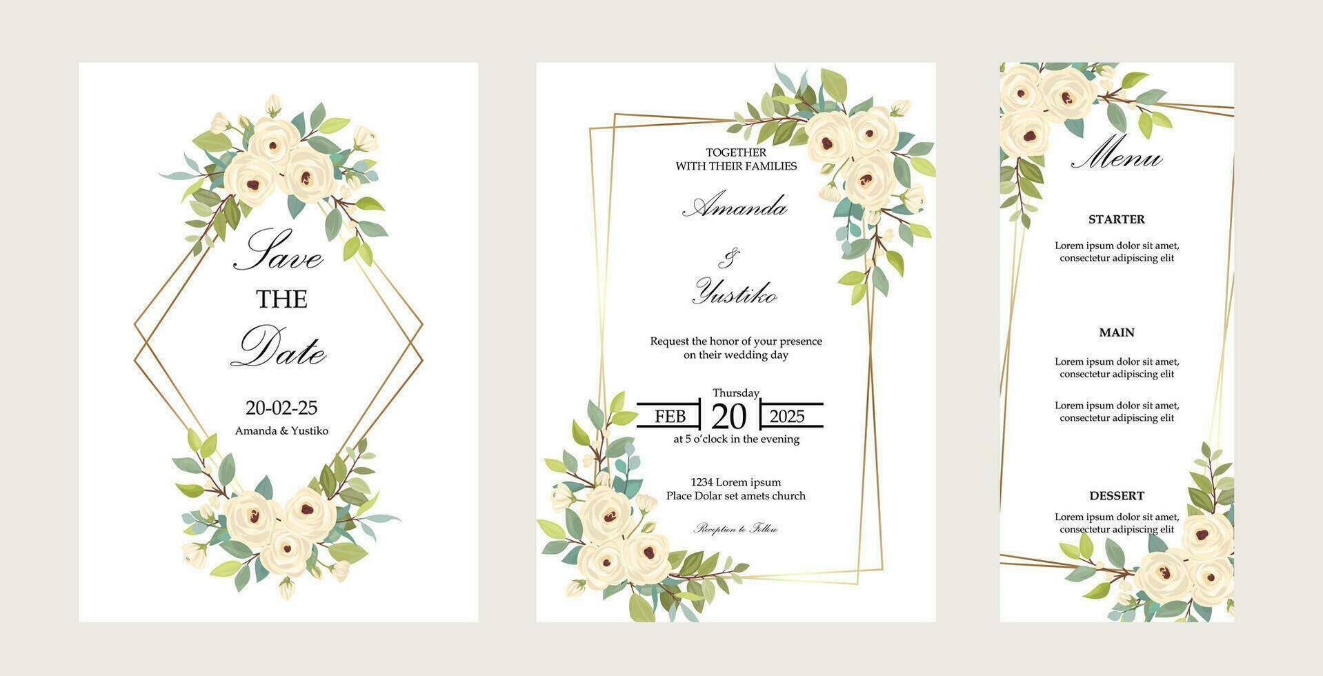 Set of cards with white roses. Wedding ornament concept. Flower poster, invite. vector