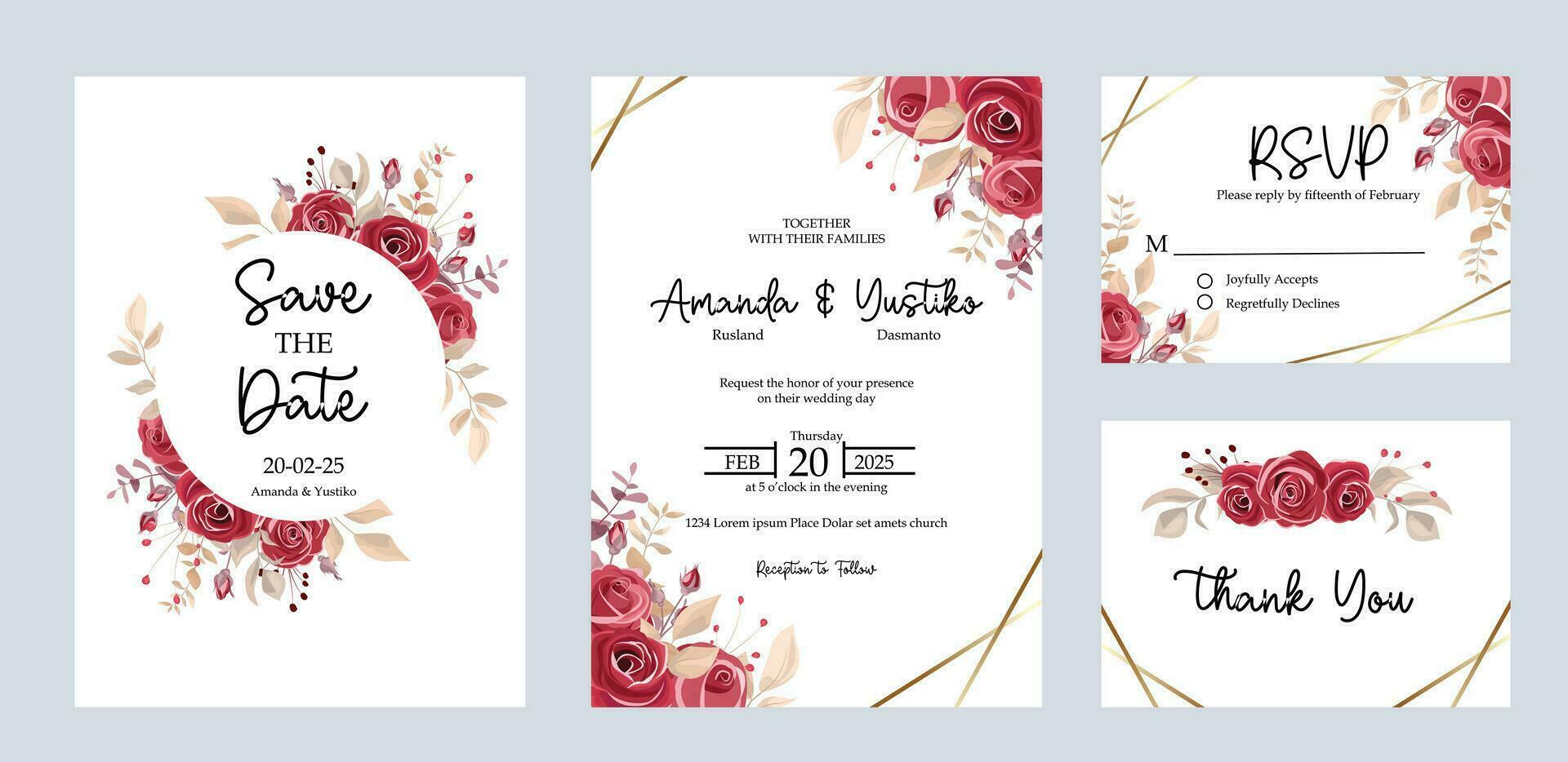 Wedding Invitation save the date thank you rsvp card template. with a bouquet of maroon roses vector