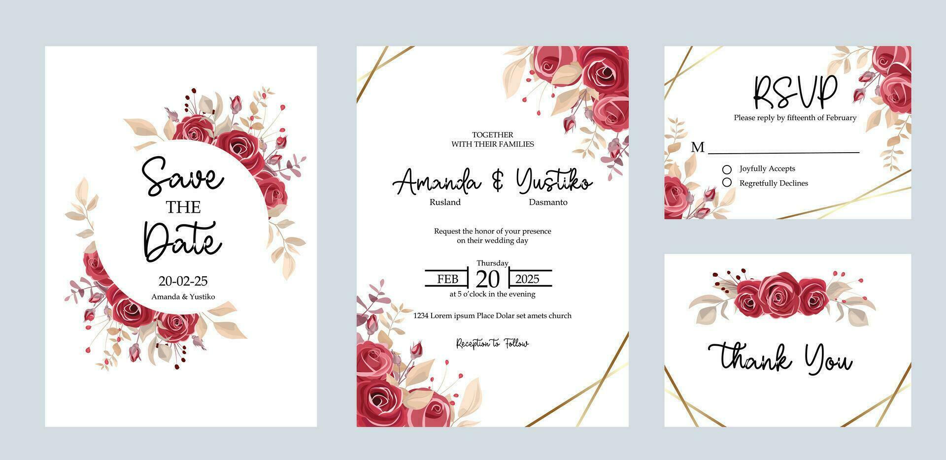 Boda invitación salvar el fecha gracias usted rsvp tarjeta modelo. con un ramo de flores de granate rosas vector