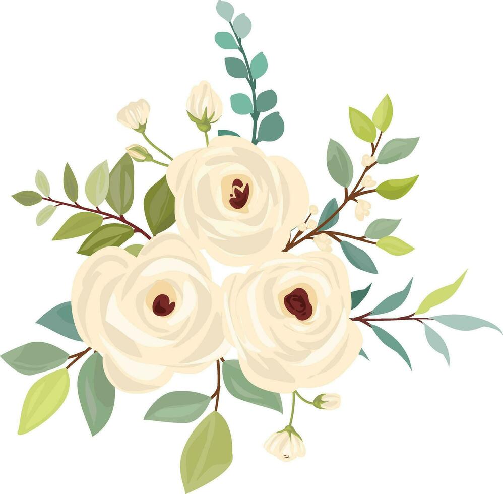 flower bouquet sets. White roses, green leaves. Wedding concept. Floral poster, invite and greeting card. vector