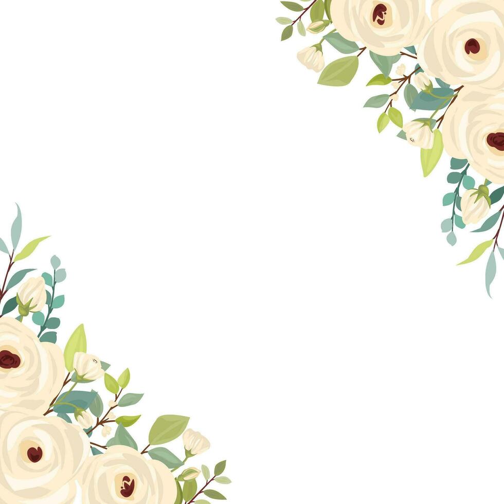 border with a bouquet of flowers. White roses, green leaves. Floral poster, invite and greeting card. vector