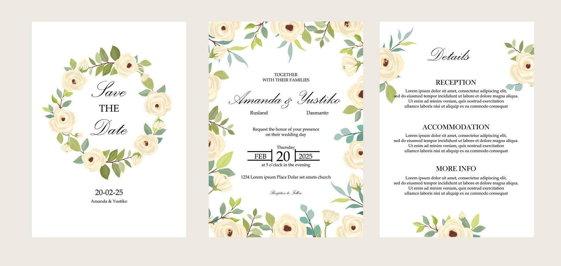 Set of cards with white roses. Wedding ornament concept. Flower poster, invite. vector