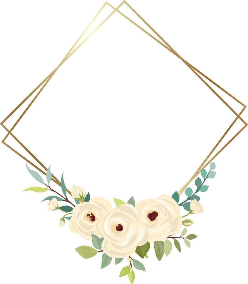 Boda marco con flor ramo. blanco rosas, verde hojas. floral póster, invitación y saludo tarjeta. vector