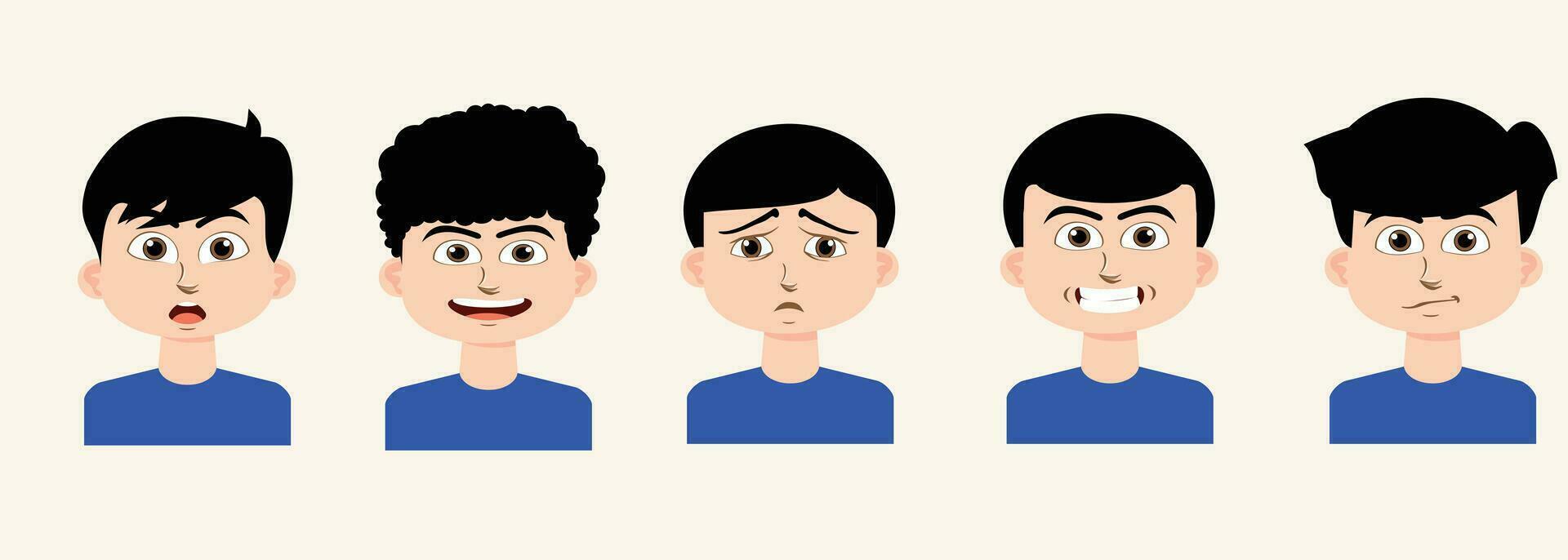 conjunto de niños emociones facial expresiones dibujos animados chico avatares. vector