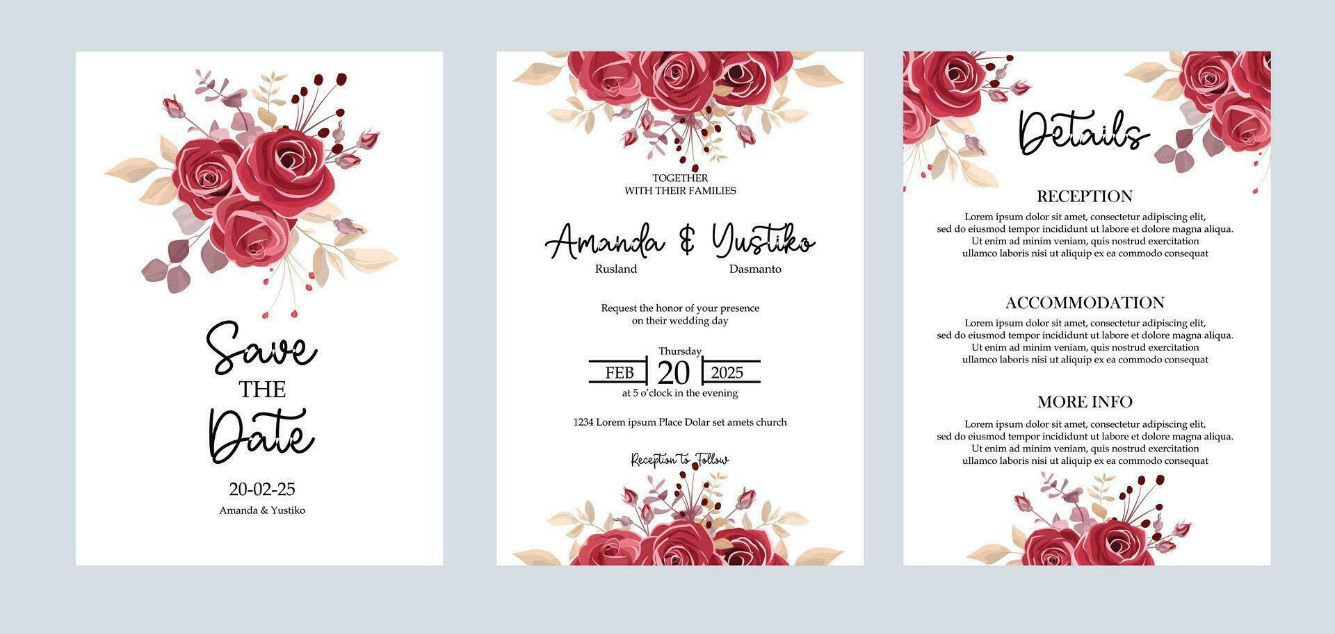 Wedding invitation card template set with flowers. Maroon roses and eucalyptus leaves. Floral illustration for save the date, greeting, poster, cover vector