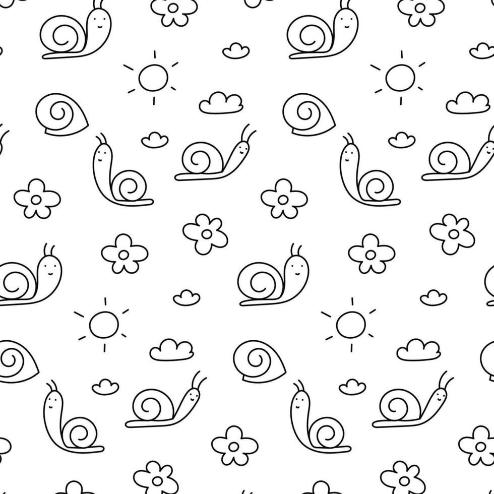 Single color vector pattern of different snails, flowers and the sun on the sky