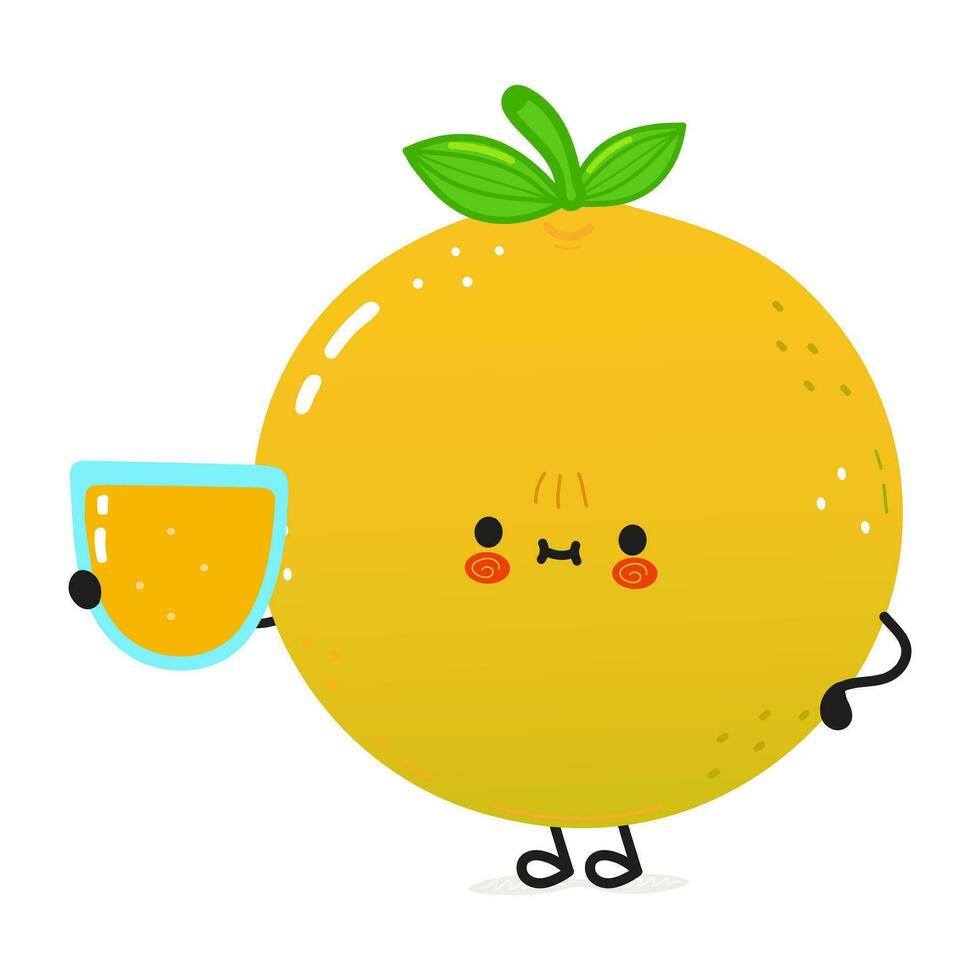 Cute Grapefruit with glass of juice. Vector hand drawn doodle style cartoon character illustration icon design. Card with cute happy Grapefruit