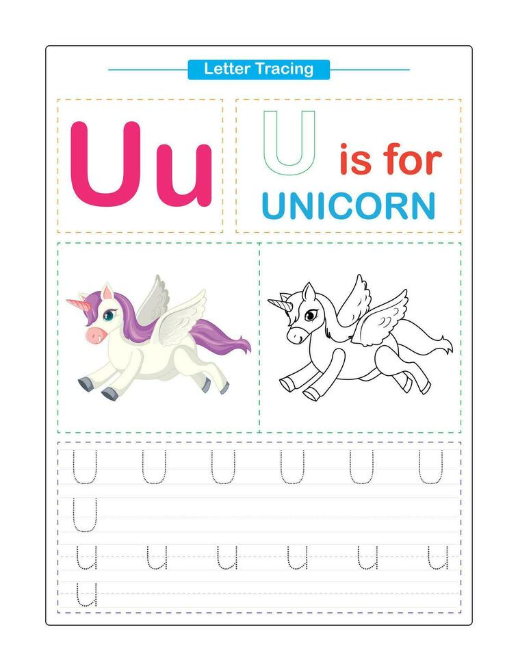 Uppercase and Lowercase. Cute children. Colorful ABC alphabet tracing. Practice worksheet for kids. Learning English vocabulary and handwriting. Letter Trace. Vector illustration