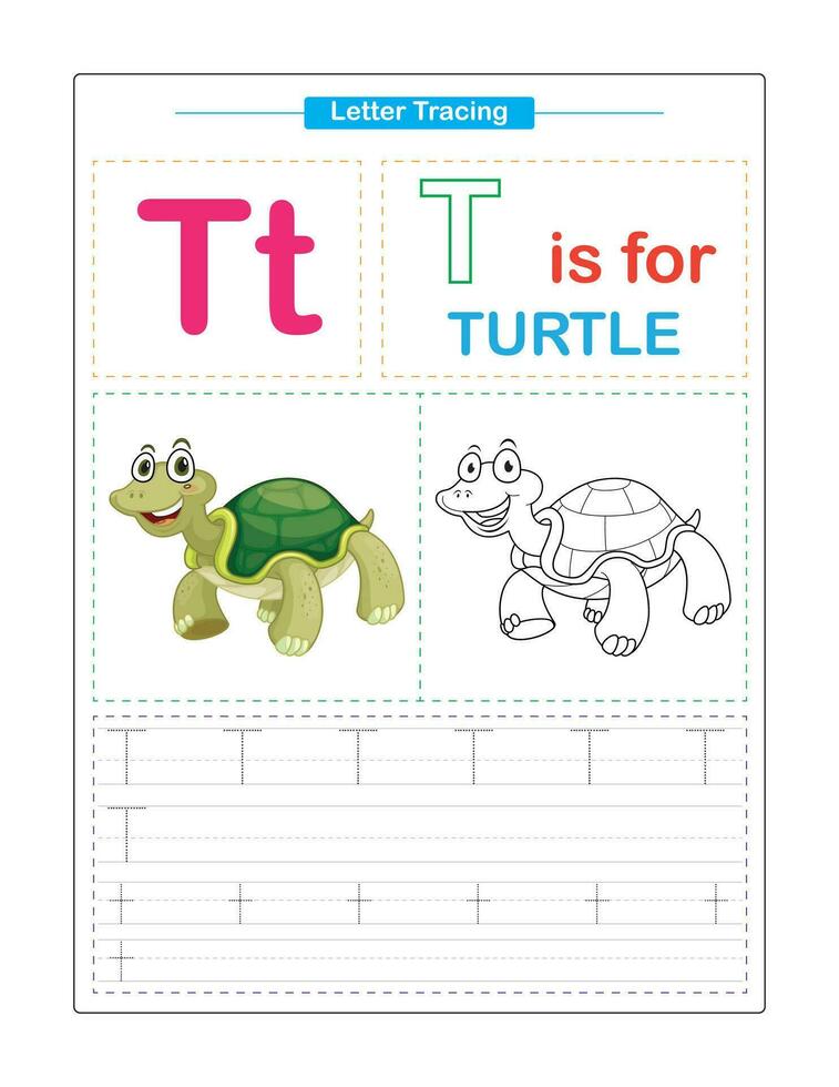 Letter T. Uppercase and Lowercase. Cute children. Colorful ABC alphabet tracing. Practice worksheet for kids. Learning English vocabulary and handwriting. Letter Trace. Vector illustration