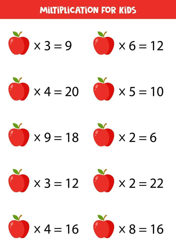 linda dibujos animados rojo manzanas multiplicación para niños. vector