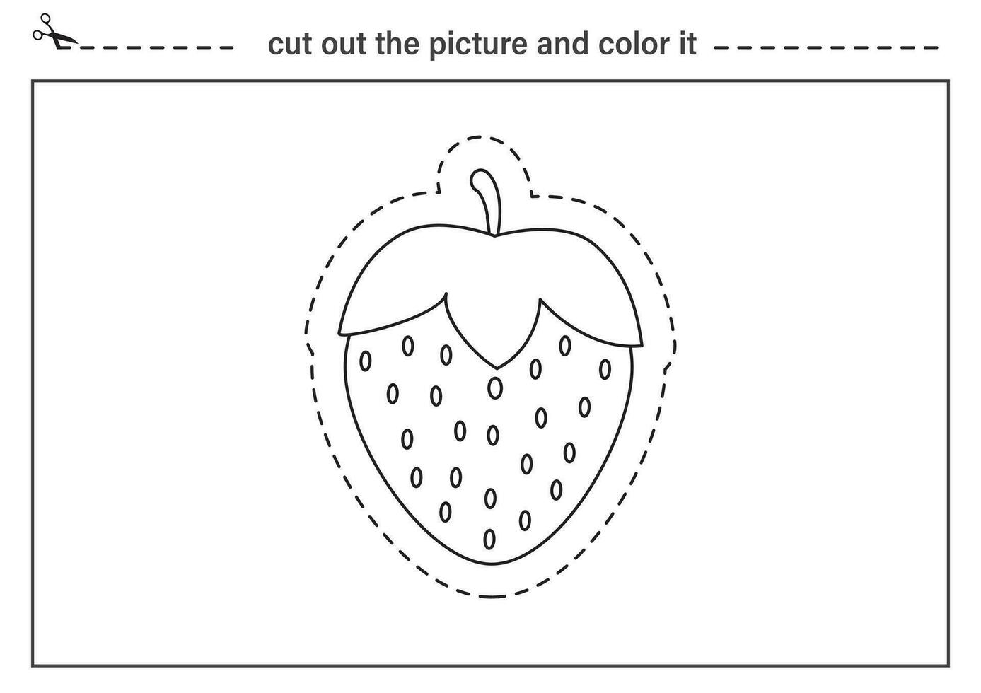 Cutting practice for kids. Black and white worksheet. Cut out cartoon strawberry. vector