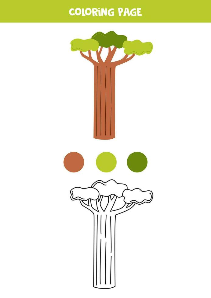 color dibujos animados baobab árbol. hoja de cálculo para niños. vector