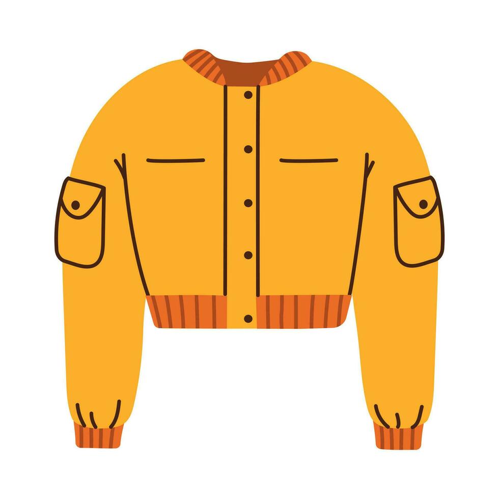 Isolated yellow female short bomber with pocket on sleeve in flat style on white background. Warm clothes vector