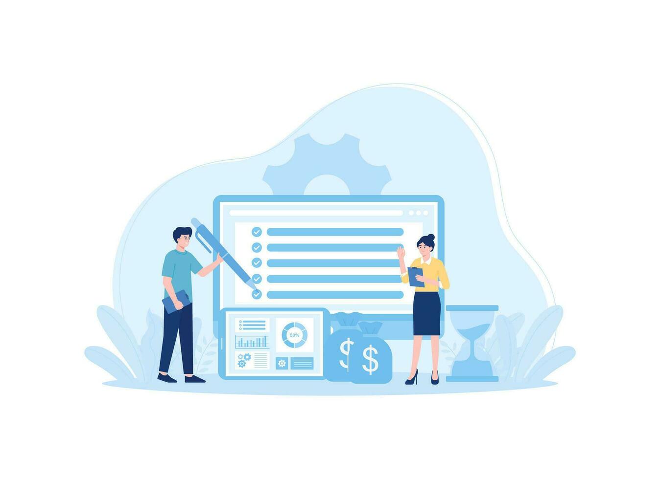 illustration of a man and woman standing in front of a large screen concept flat illustration vector