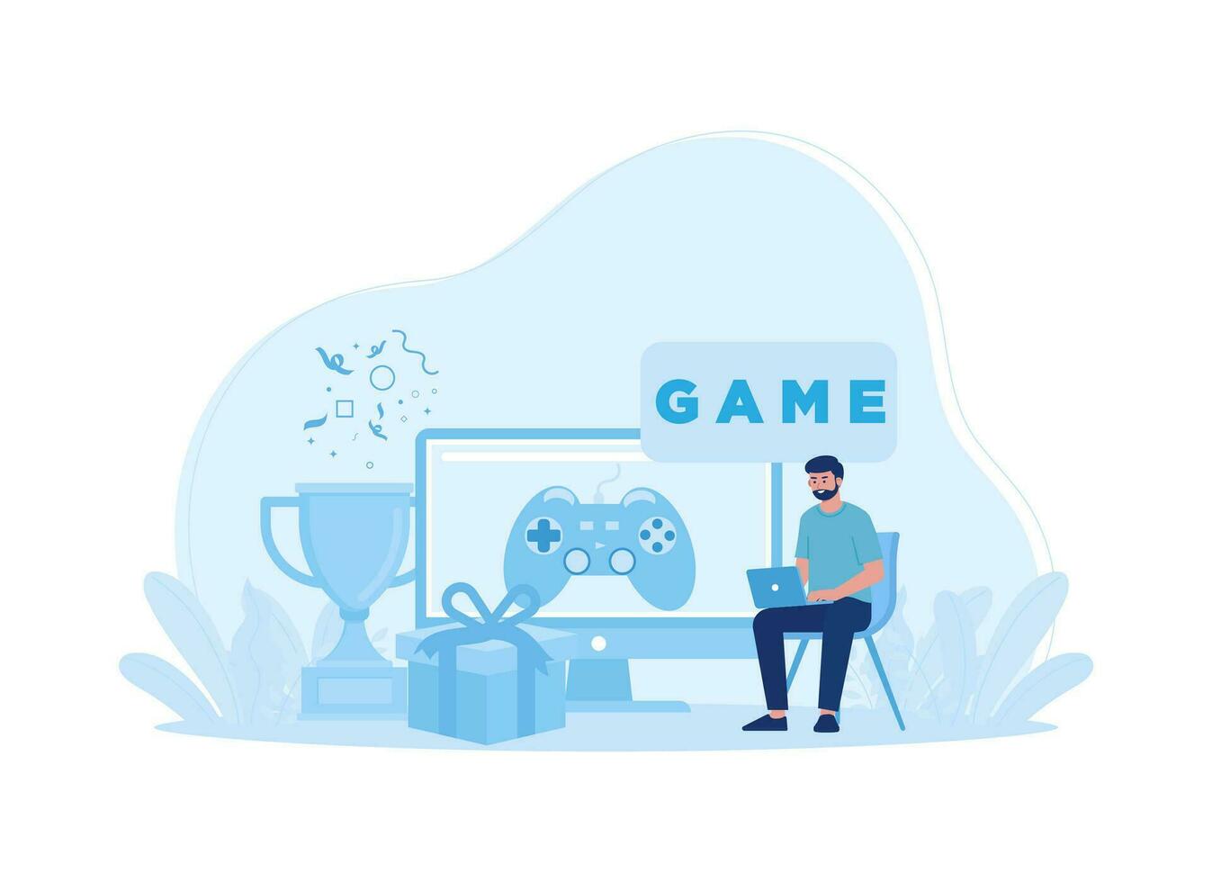 a man sitting on a chair in front of a computer with a game sign concept flat illustration vector