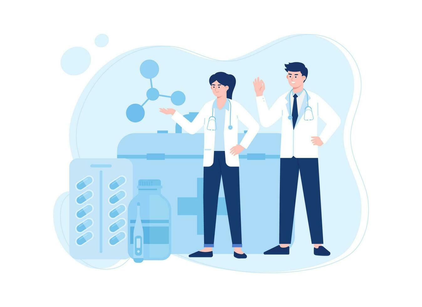 Two doctors standing in lab with medicine formula concept flat illustration vector
