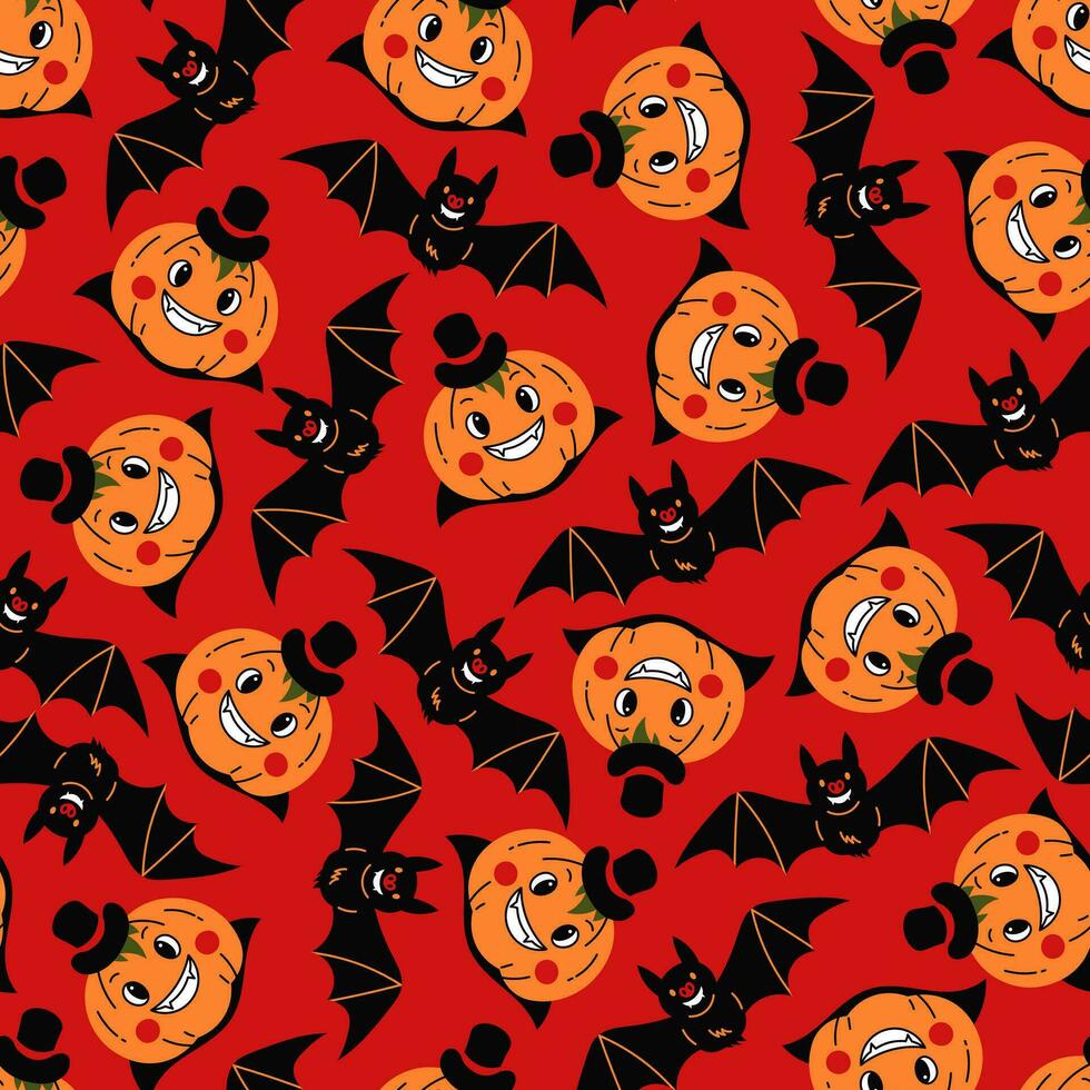 Funny Halloween Seamless Pattern with bat and Dracula Pumpkin vector