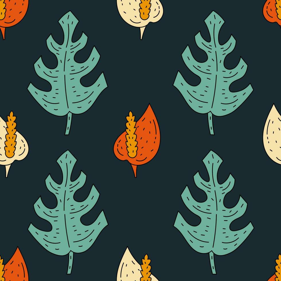 Botany Seamless Pattern with monstera leaf and flowers vector