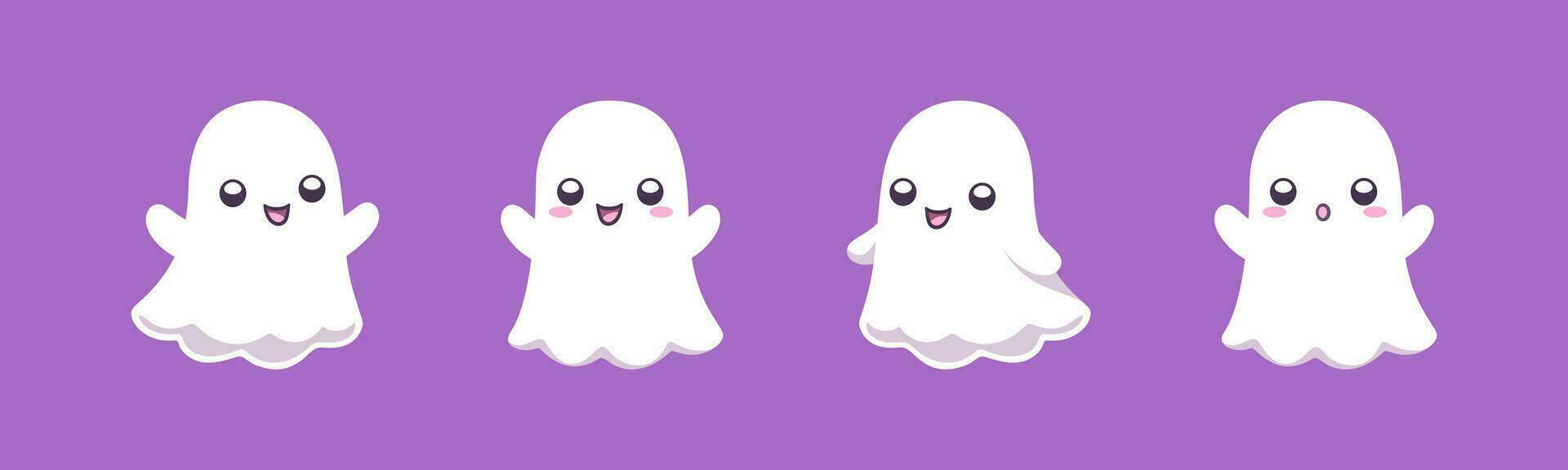 Set of cute funny happy ghosts. Halloween spooky boo characters for kids. Magic scary spirits with different emotions and face expressions. Simple flat cartoon vector illustrations of comic phantoms