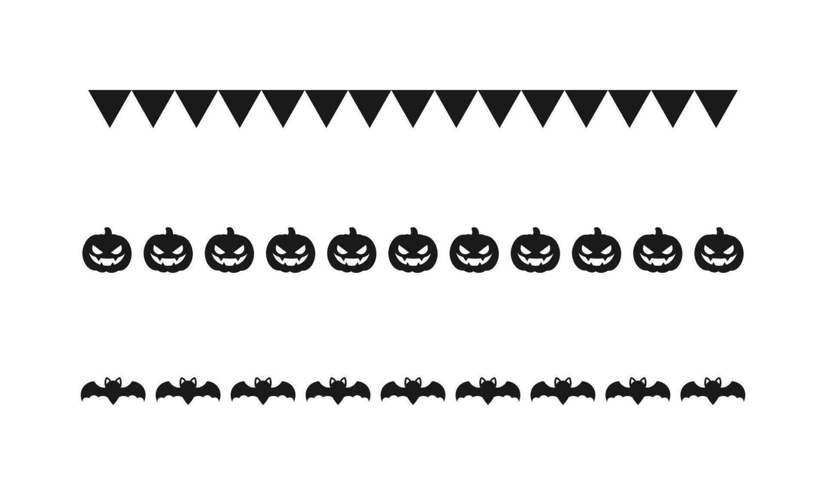 Separator Border illustration line set of cute jack o lanterns, bats, flag bunting, trick or treat pattern silhouette for Halloween day vector