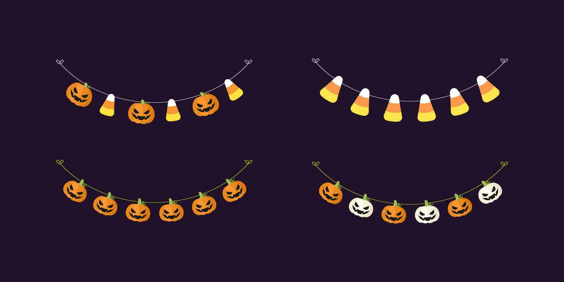 linda Jack o linterna calabaza y caramelo maíz guirnalda conjunto para Víspera de Todos los Santos. sencillo truco o tratar bandera colgando fiesta decoración vector elemento.