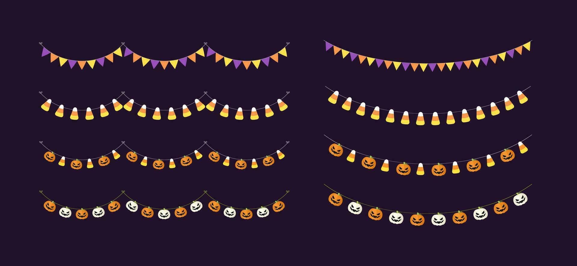 Cute Halloween Bunting Garland Set with Jack O Lantern, Pumpkin and Candy Corn. Simple trick or treat banner hanging party decor vector element.
