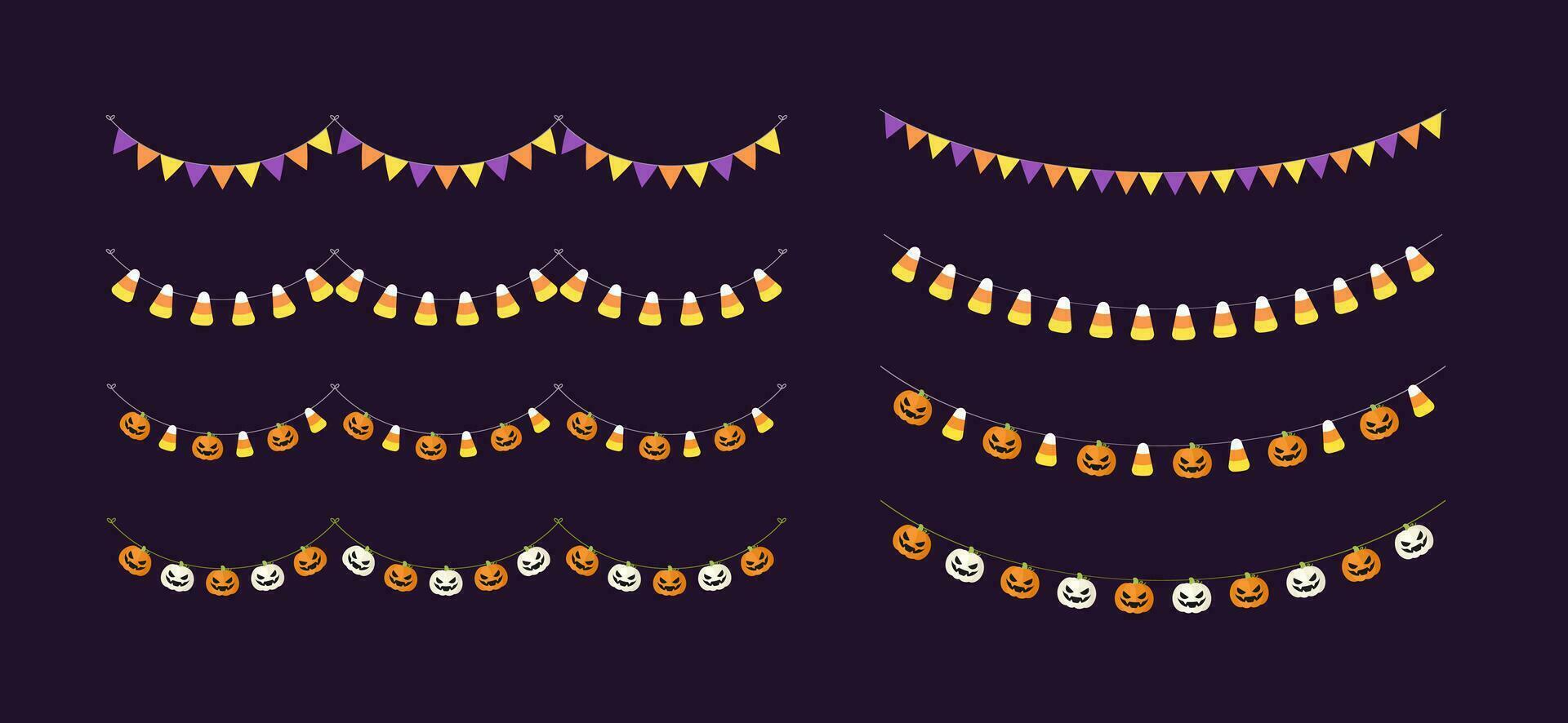 linda Víspera de Todos los Santos verderón guirnalda conjunto con Jack o linterna, calabaza y caramelo maíz. sencillo truco o tratar bandera colgando fiesta decoración vector elemento.