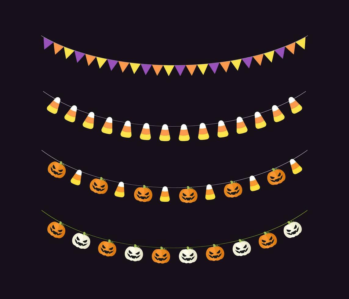 Cute Halloween Bunting Garland Set with Jack O Lantern, Pumpkin and Candy Corn. Simple trick or treat banner hanging party decor vector element.