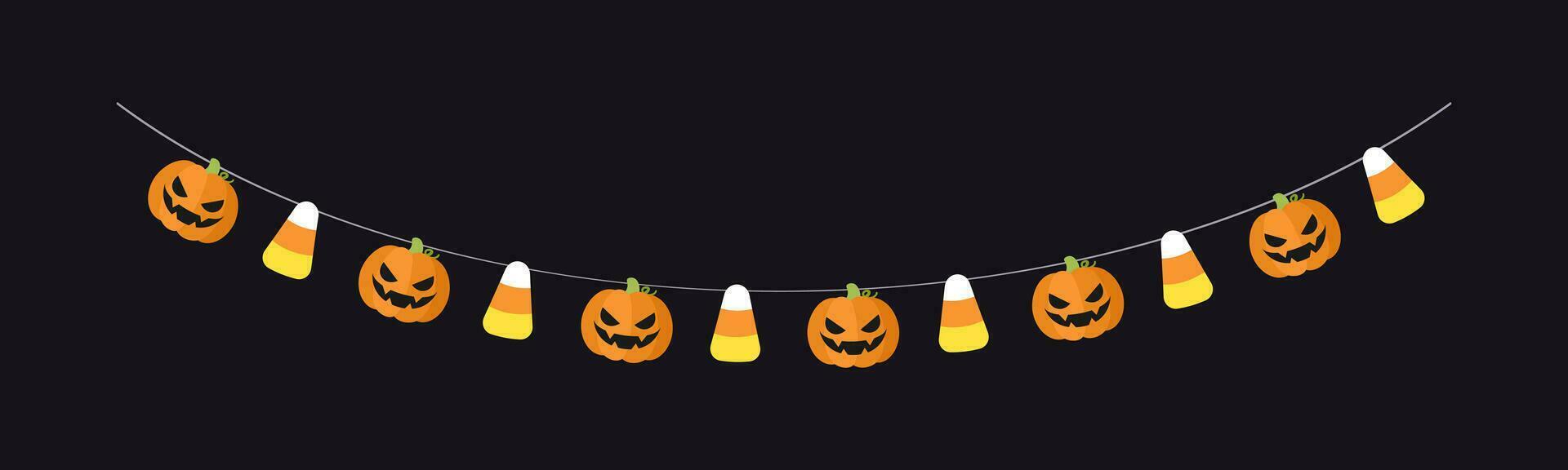 Cute Jack O Lantern Evil Pumpkin and Candy Corn Garland for Halloween. Simple trick or treat banner hanging party decor vector element.