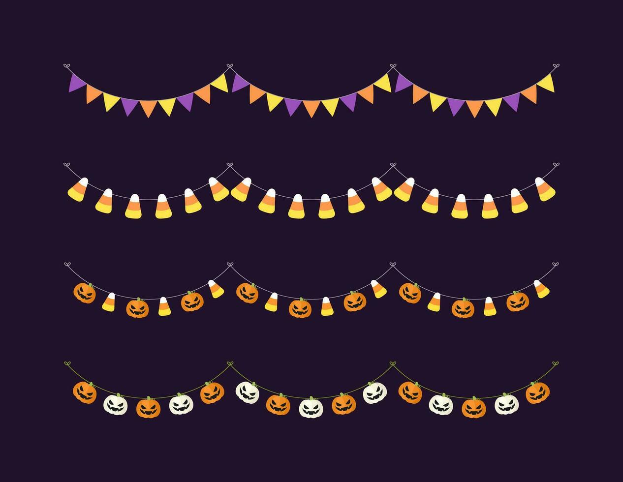 Cute Halloween Bunting Garland Set with Jack O Lantern, Pumpkin and Candy Corn. Simple trick or treat banner hanging party decor vector element.