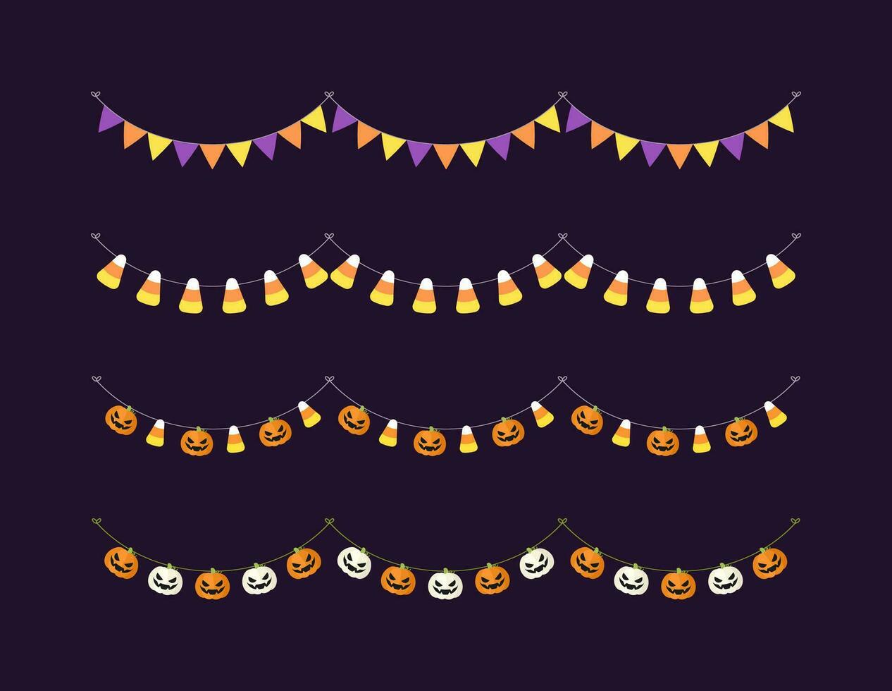 linda Víspera de Todos los Santos verderón guirnalda conjunto con Jack o linterna, calabaza y caramelo maíz. sencillo truco o tratar bandera colgando fiesta decoración vector elemento.