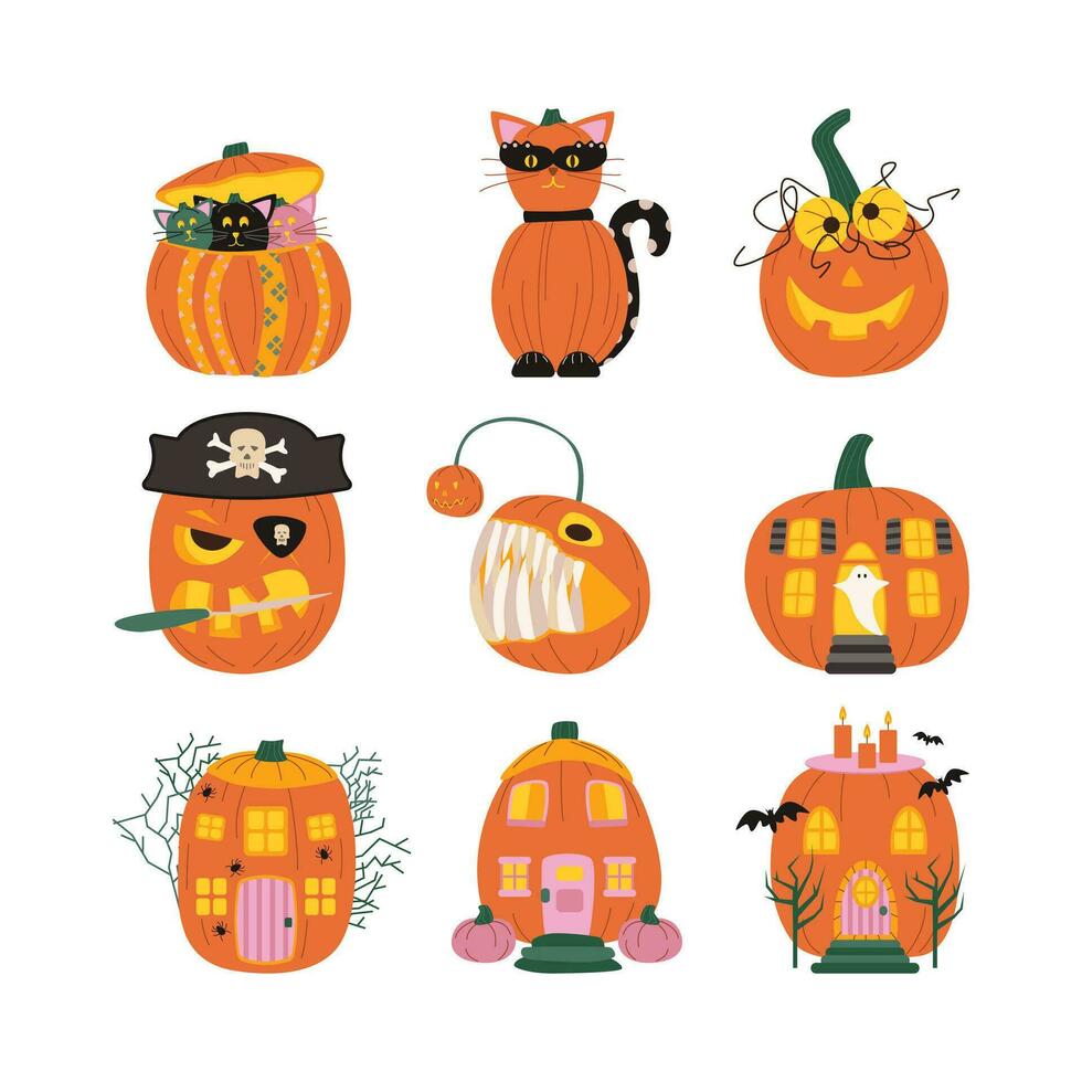 Set of Halloween pumpkins, autumn holiday. A pumpkin with a carved smile. vector